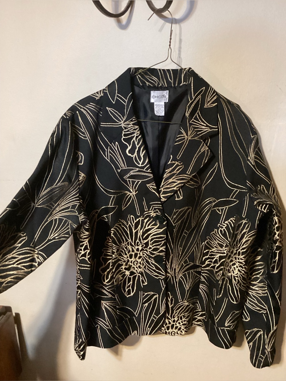 Chico's Black Blazer with Embroidered Gold Floral Stitching. EUC. Size 2